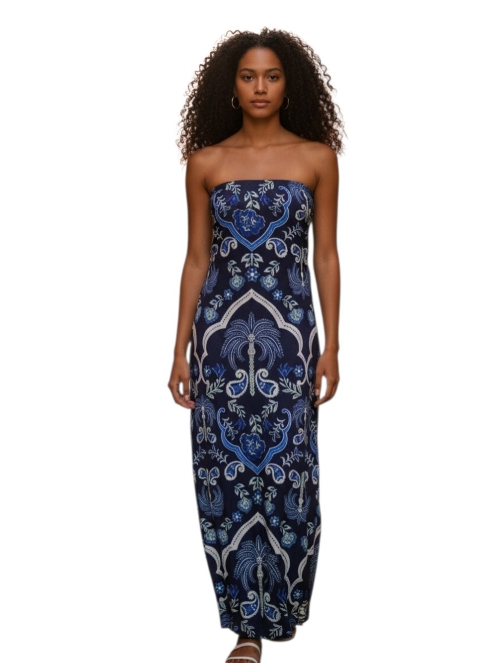 SHEIN Navy and Light Blue Strapless Printed Maxi Dress